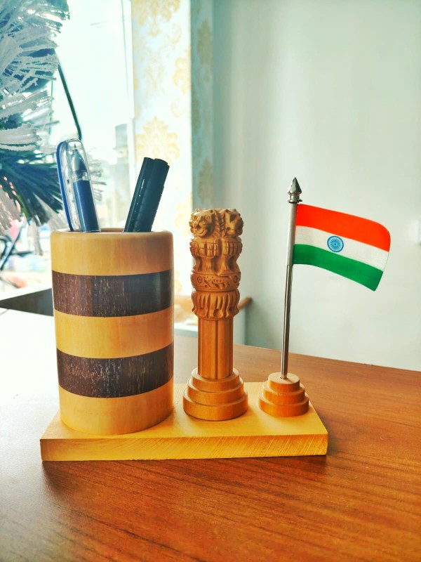 Ashoka Pillar Tabletop Pen Holder crafted in white wood with India Flag